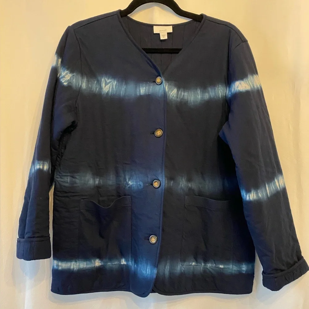 J.Jill Purejill 100% Cotton Navy Blue Quilted Jacket MD Tie Dye Button Front - Picture 5 of 13